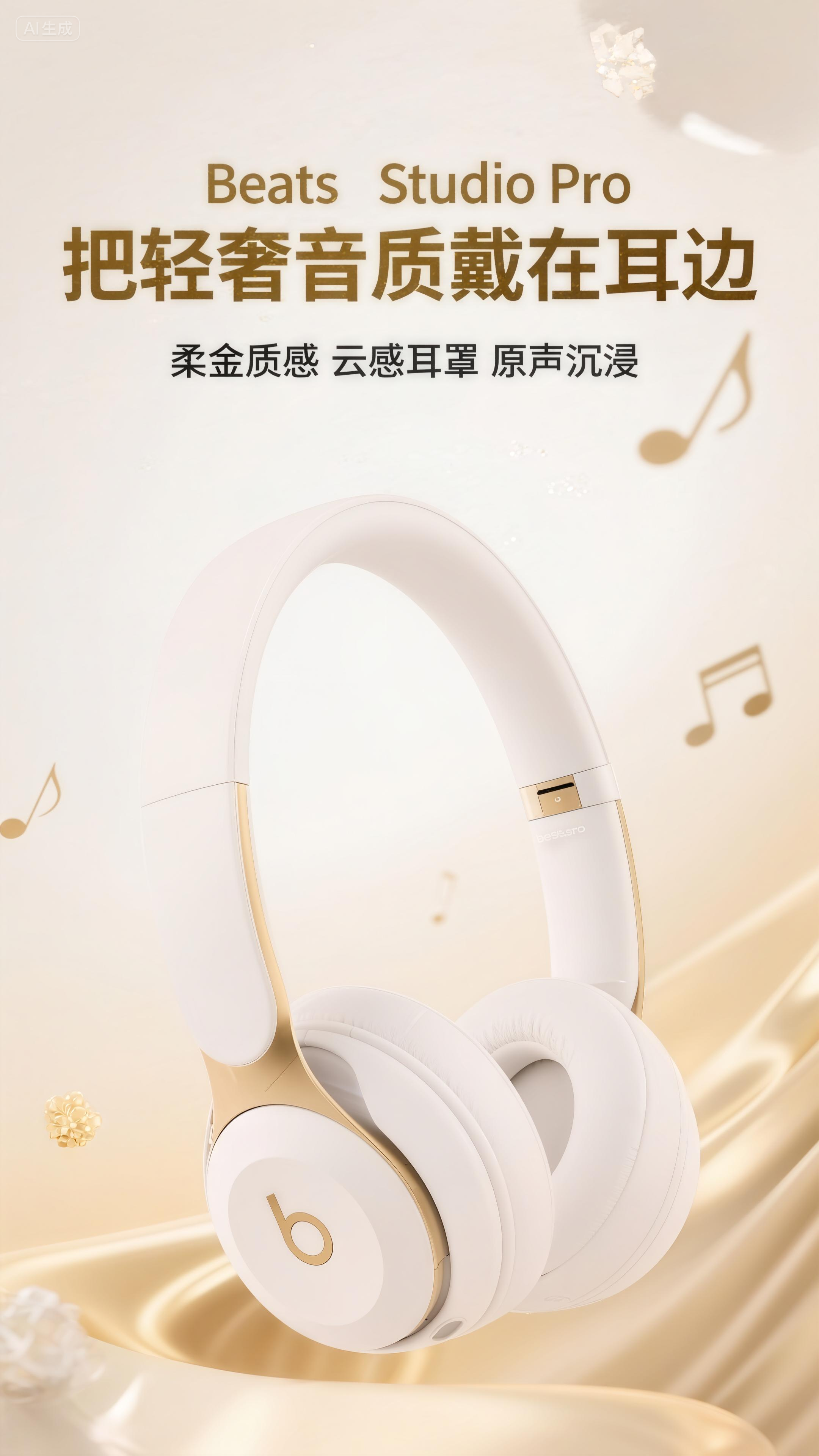jimeng-2025-09-02-9001-电商产品宣传海报，主体为白金色 Beats 头戴式耳机，采用居中对称构图让耳机呈....png