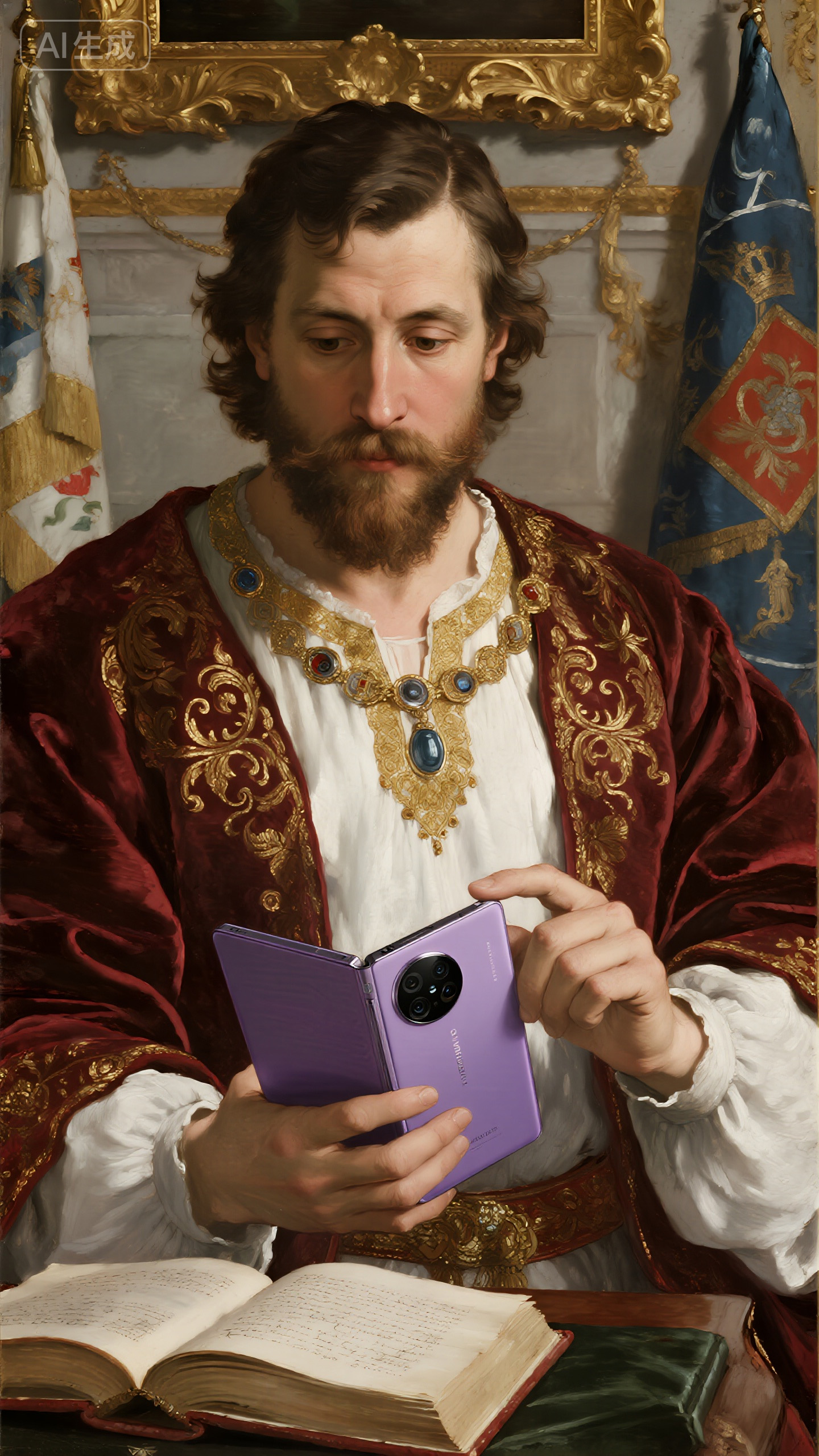 jimeng-2025-10-15-2468-这幅图以欧式古典油画风格呈现，刻画了一位身着华贵宫廷服饰的人物：身着带有精致金色_.jpg
