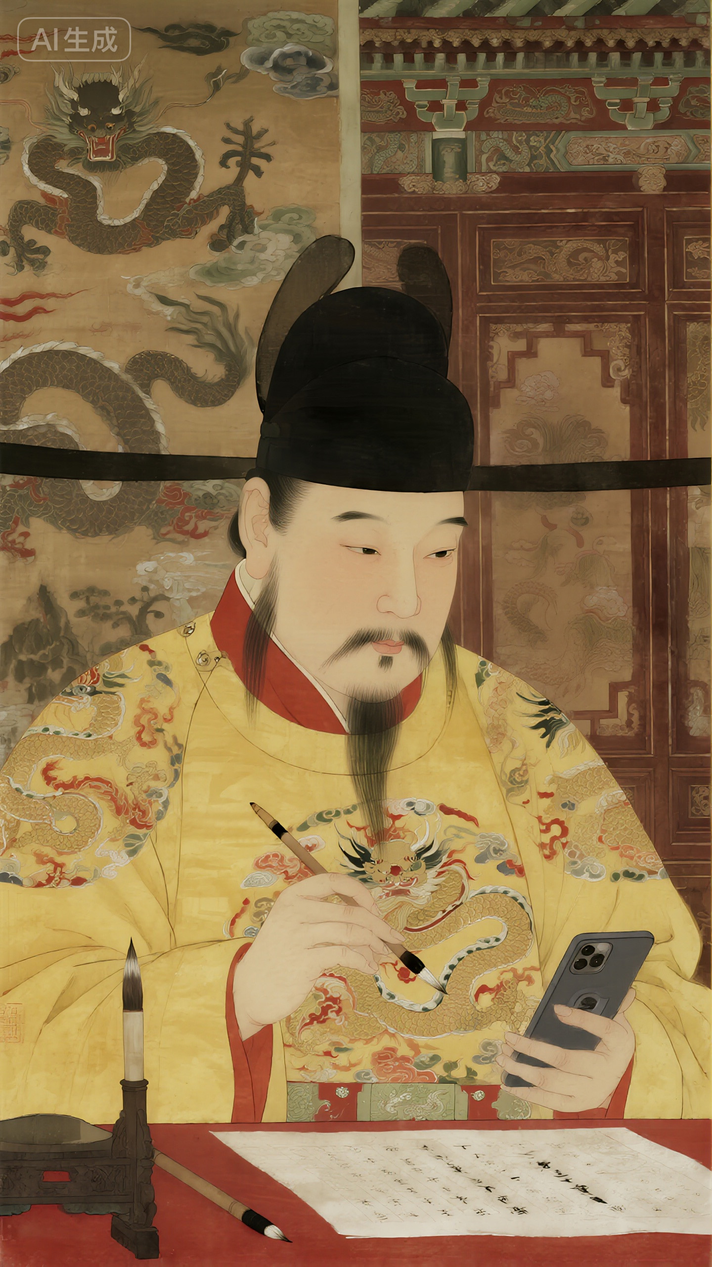 jimeng-2025-10-15-9517-画面以传统中国工笔人物画为基底，呈现出 &ldquo;古今融合&rdquo; 的创意场景：一位身着明黄色_.jpg