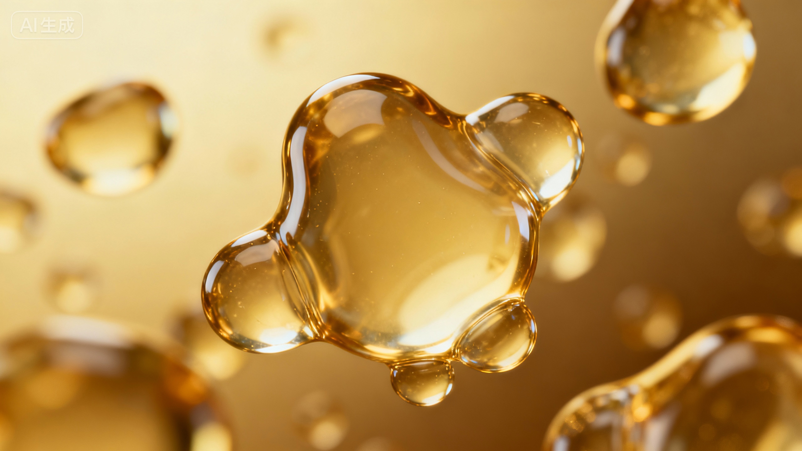 jimeng-2025-11-12-7927-写写实 3D 渲染,微距浅景深镜头,中心构图,主体为多个大小不一的金色透明不规则_.jpg