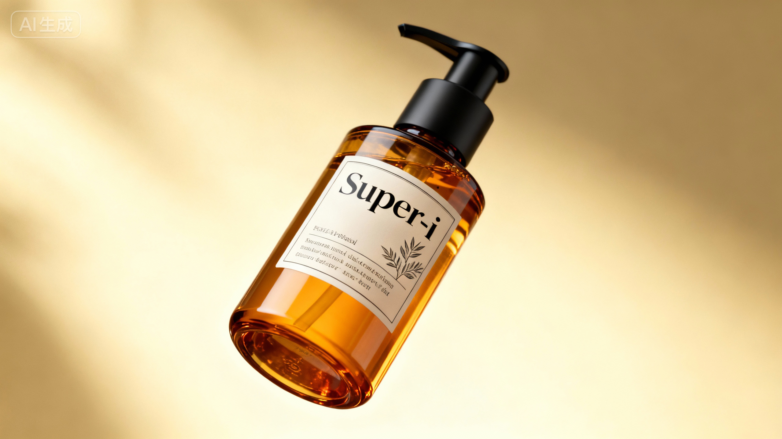 jimeng-2025-11-12-6245-写实 3D 渲染,特写镜头,倾斜构图;主体为漂浮在空中的琥珀色玻璃美妆瓶(带黑色_.jpg