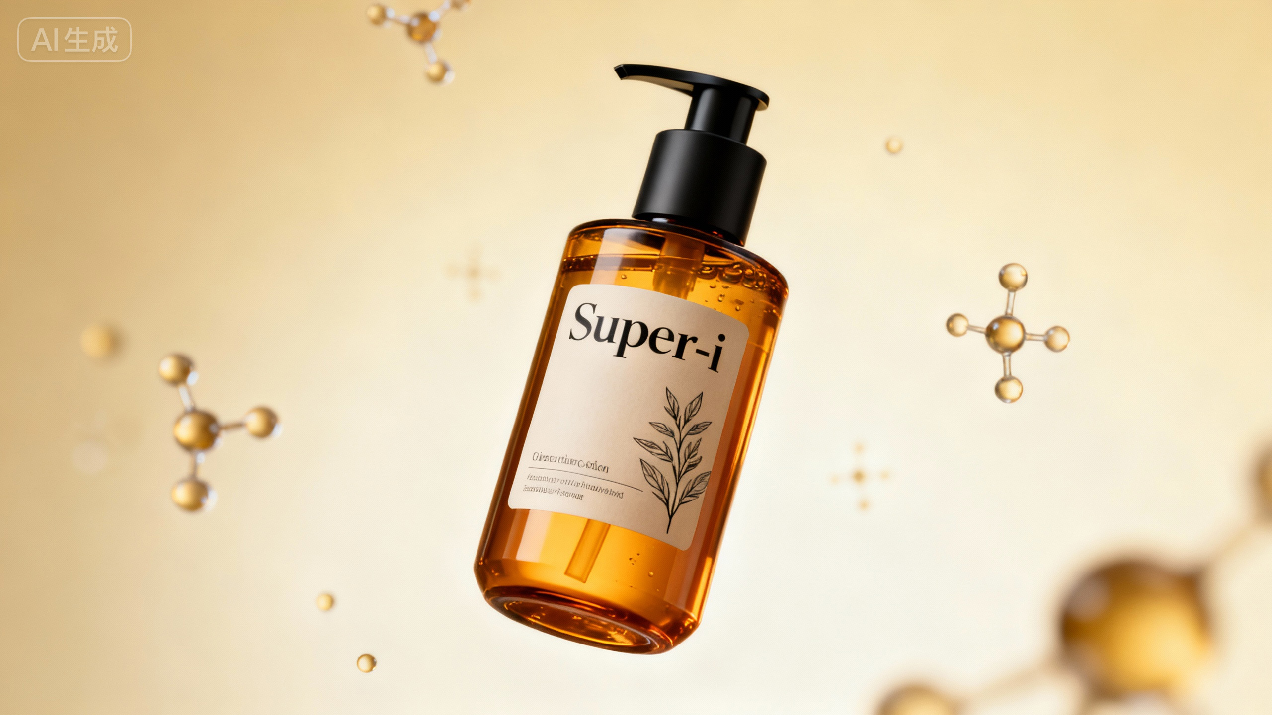jimeng-2025-11-12-2839-写实 3D 渲染,特写镜头,中心构图;主体为漂浮空中的琥珀色玻璃美妆瓶(黑色泵头_.jpg