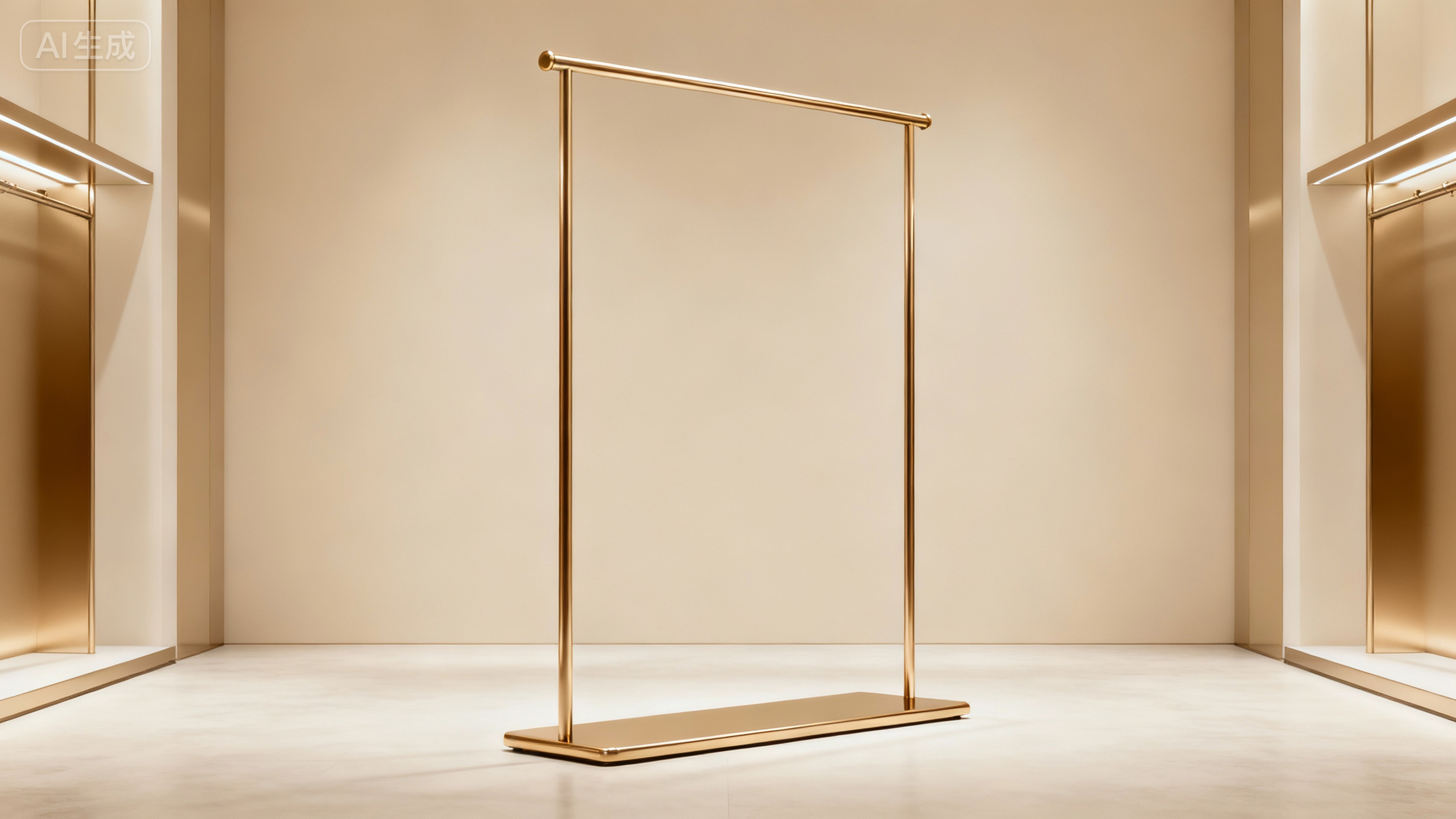 jimeng-2025-11-13-3942-极简香槟色落地晾衣架（线条流畅、无多余装饰、金属质感细腻），置于高端精品店空间（_.jpg