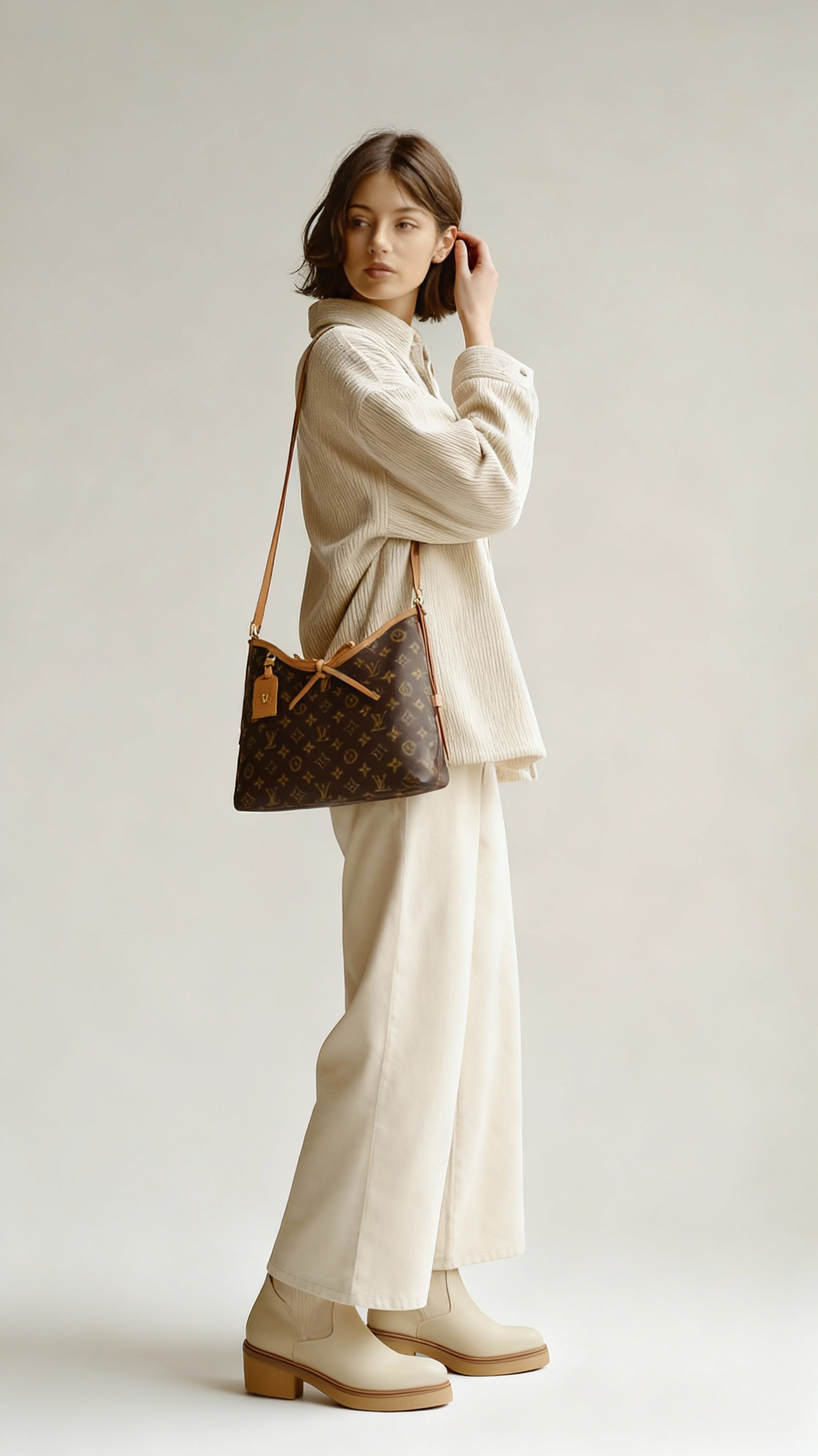 jimeng-2025-11-18-6894-侧面视角，一位时尚的女士站着，一只手轻轻将头发别到耳后，单肩背着深棕色手袋， 拷贝.jpg