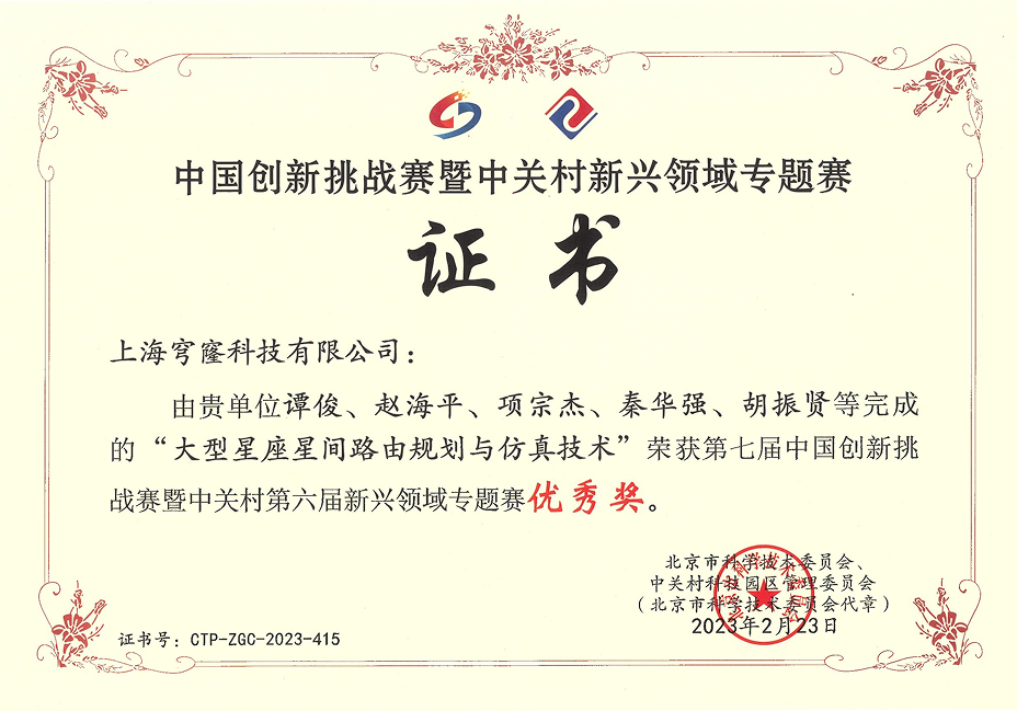 第六届中国创新挑战赛暨中关村新兴领域专题赛 - 大型星座星间路由规划与仿真技术 - 优秀奖