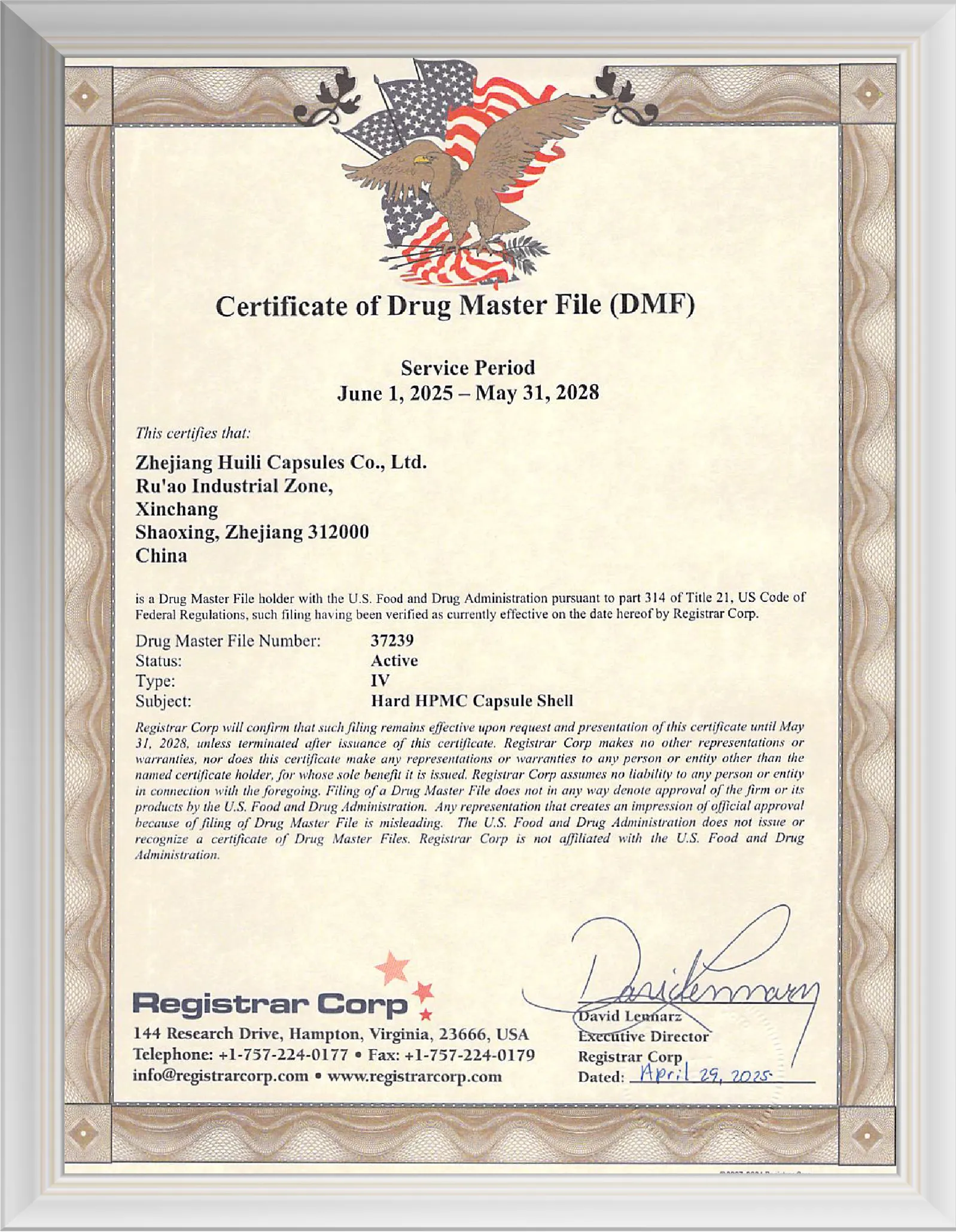 Certificate of Drug Master File (DMF)-Hard HPMC Capsule Shell