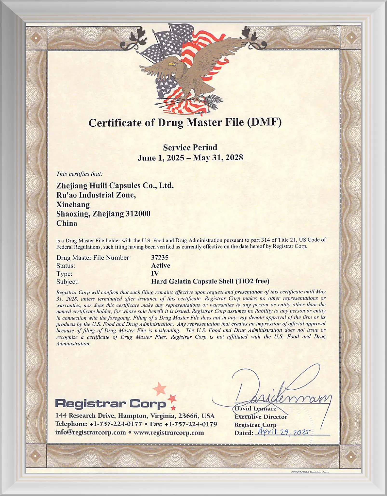 Certificate of Drug Master File (DMF)-Hard Gelatin Capsule Shell (TiO2 free)