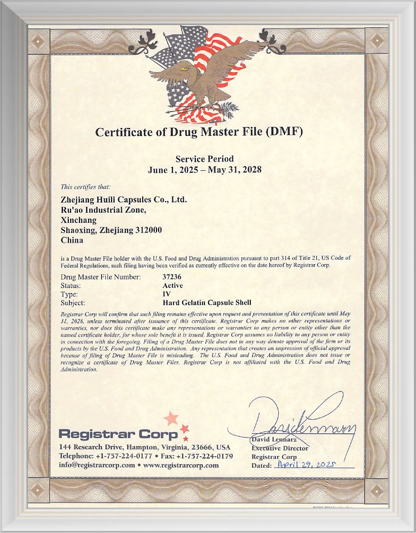 Certificate of Drug Master File (DMF)-Hard Gelatin Capsule Shell