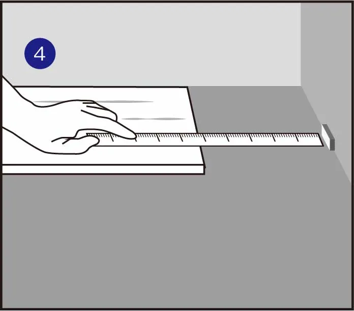 在第一排的末尾，如需裁切，需在地板与墙壁之间预留一个8-10MM垫片的距离，并测量最后一块地板的长度进行裁切。