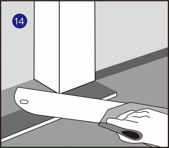 门套和踢脚线:在门套旁边铺设一块地板(装饰面朝下，避免划伤地板表面)，如图所示切割门套，然后将地板滑动并安装到门套下方。
