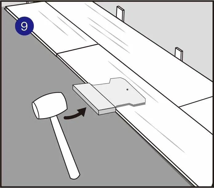 用橡胶锤和敲击块以一定角度敲击地板的长边，确保与前排地板锁紧在一起。