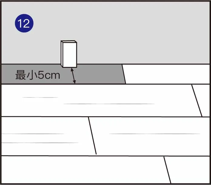 最后一排，如需裁切，也需在地板与墙壁之间预留一个8-10MM垫片的距离，且地板的最小宽度必须>5CM宽。