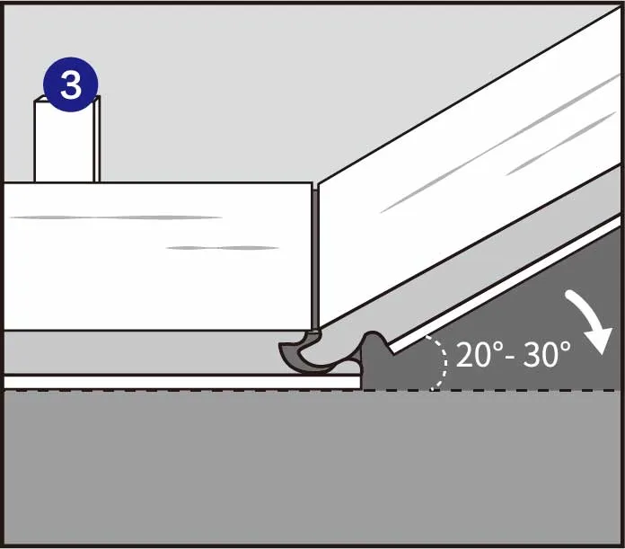 第一排，第二块地板。将下一块地板的短端与第一块地板成20-30的角度按下，确保两块地板完全对齐。继续安装第一排，直到到达第一排末端的墙。