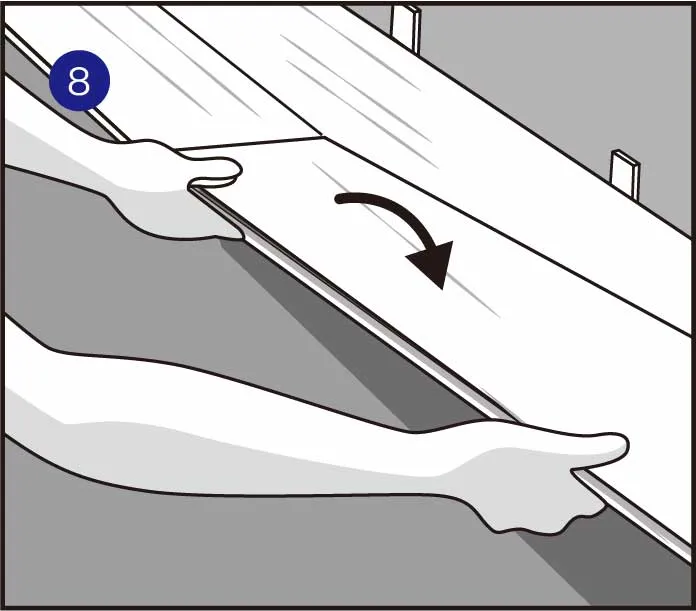 第二排第二块地板，先安装左侧锁扣，同时抬起第二排两片锁紧的地板。